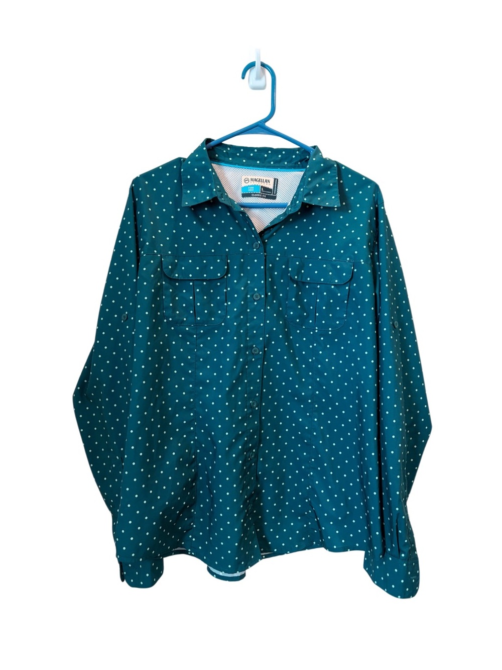Magellan Fish Gear Teal Green Polka Dot Long Sleeve Roll Tab Fishing Shirt- L